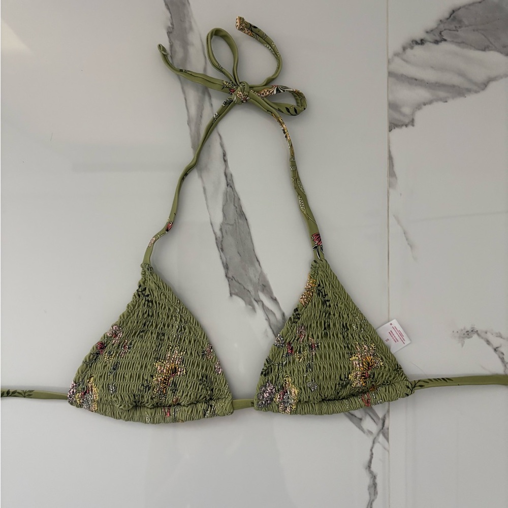 Olive Green Smocked Triangle Bikini Top with Floral Accents